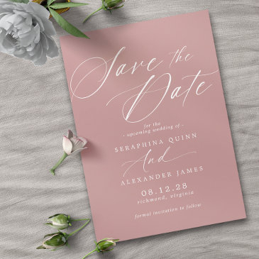 dusty rose pink mauve | simple elegant script save the date