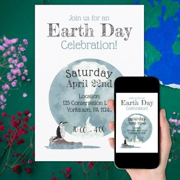 earth day celebration with penguin design invitation