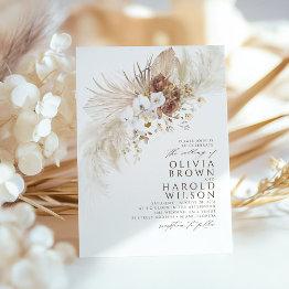 Small Earthy Hues Flowers Elegant Pampas Grass Wedding Invitation Front View
