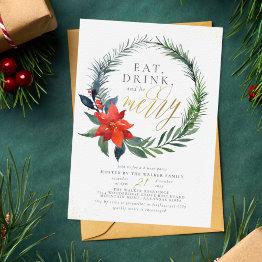 Small Eat Drink & Be Merry | Gold Christmas Dinner Party Invitation Front View