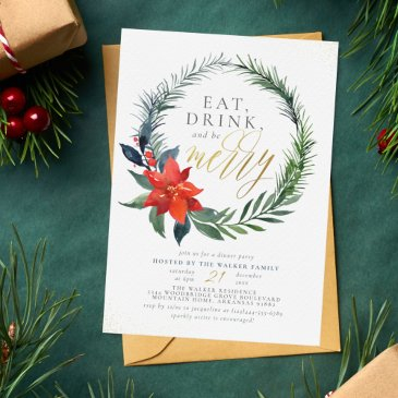 eat drink & be merry | gold christmas dinner party invitation
