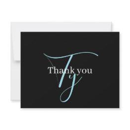 Small Editable Cursive Script Monogram Black Blue White Thank You Invitations Front View