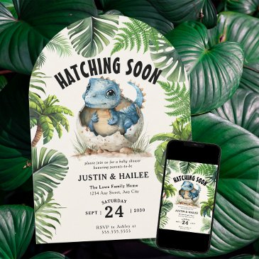 editable hatching soon dinosaur baby shower invitation