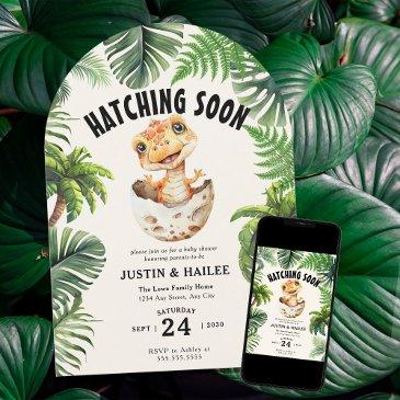 editable hatching soon dinosaur baby shower invitation