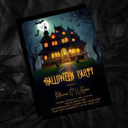 Small Eerie Night Spooky Haunted House Halloween Party Invitation Front View