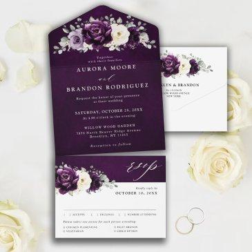 eggplant purple plum ivory white floral wedding al all in one invitation