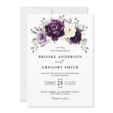 eggplant purple plum ivory white floral wedding invitation