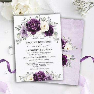 eggplant purple plum ivory white floral wedding invitation