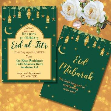 eid party invitation elegant green gold lanterns