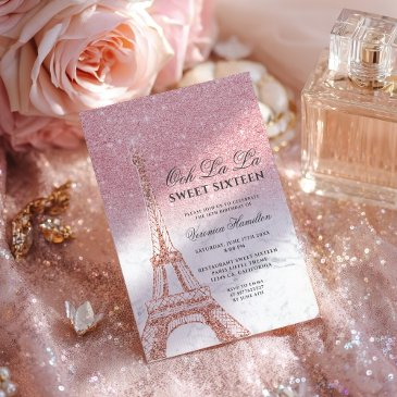 eiffel tower chic pink glitter marble sweet 16 invitation