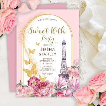eiffel tower glitters & flowers girly sweet 16 invitation