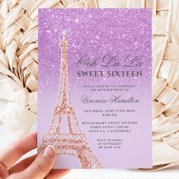 eiffel tower purple glitter lavender sweet 16 invitation