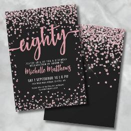 Small Eighty Black Rose Gold Glitter 80th Birthday Invitation Front View