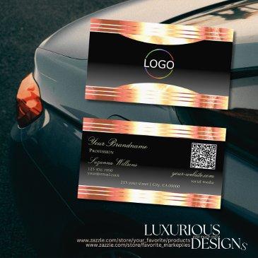 elegance black rose gold borders logo and qr code business invitations