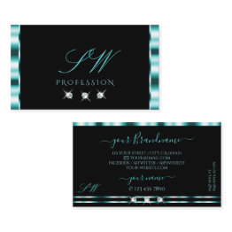 Small Elegance Black Teal Sparkling Diamonds Initials Business Invitations Front View