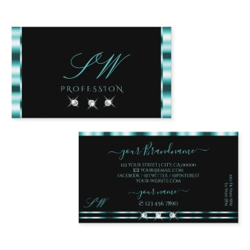 elegance black teal sparkling diamonds initials business invitations