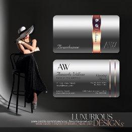 Small Elegance Silver Rose Gold Decor Diamonds Monogram Business Invitations Front View