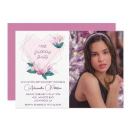 Small Elegant 14th Birthday Invitations Floral Photo Front View