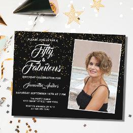 Small Elegant 50 And Fabulous Black Gold Glitter Photo Invitation Postinvitations Front View