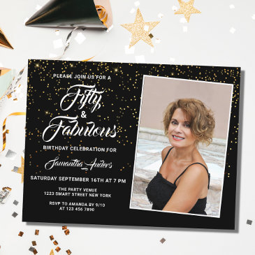 elegant 50 and fabulous black gold glitter photo invitation postinvitations