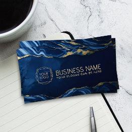 Small Elegant Abstract Blue Marble With Gold Veins Business Invitations Front View
