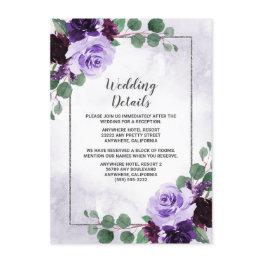Small Elegant Airy Boho Floral Purple And Silver Wedding Enclosure Invitations Front View