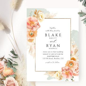 elegant and simple sage, peach and blush wedding invitation
