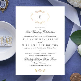 Small Elegant Antique Classic Gold Monogram Wedding Invitation Front View