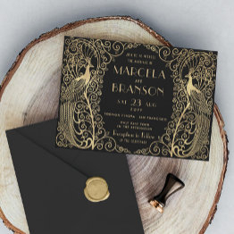 Small Elegant Art Deco Peacocks Wedding Gold On Black Invitation Front View