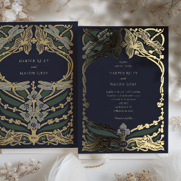 Small Elegant Art Nouveau Dragonfly Wedding Invitation Foil Invitation Front View