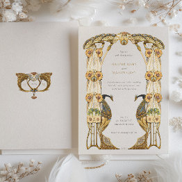 Small Elegant Art Nouveau Peacock Wedding Invitation Front View