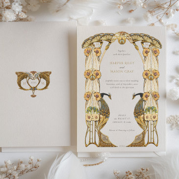 elegant art nouveau peacock wedding invitation