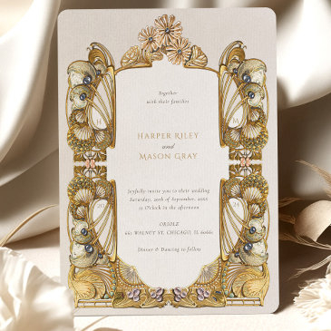 elegant art nouveau peacock wedding invitation