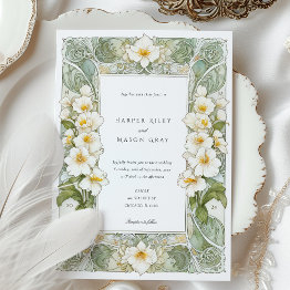 Small Elegant Art Nouveau White Orchid Wedding Invitation Front View