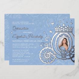 Small Elegant Baby Blue Quinceanera Princess Photo Foil Foil Invitation Front View