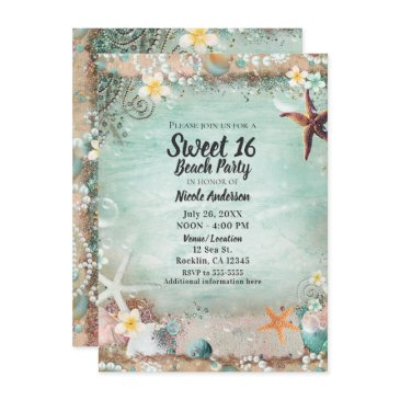 elegant beach sea starfish & pearls sweet 16 party invitation