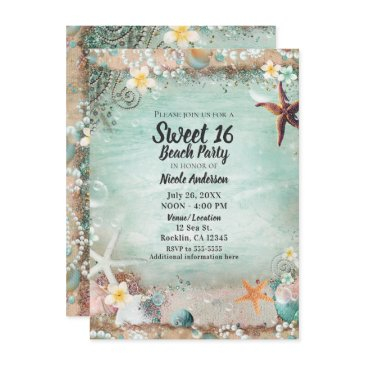 elegant beach sea starfish & pearls sweet 16 photo invitation