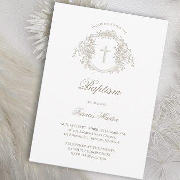 elegant beige floral crest | baptism invitation