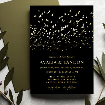 elegant birds of a feather black and gold wedding foil invitation