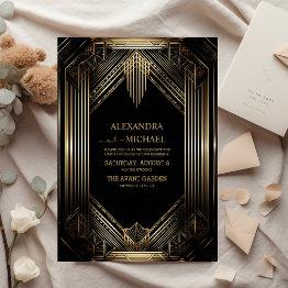 Small Elegant Black And Gold Art Deco Wedding Foil Invitation Front View