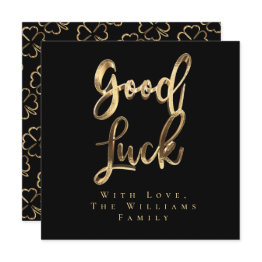 Small Elegant Black And Gold Look Clovers Good Luck Holiday Invitations Front View