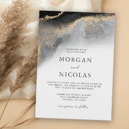 Small Elegant Black And Gold Marbled Opulence Wedding Invitation Front View