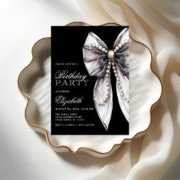 Small Elegant Black Bow And Pearl Birthday Party Invitation Front View