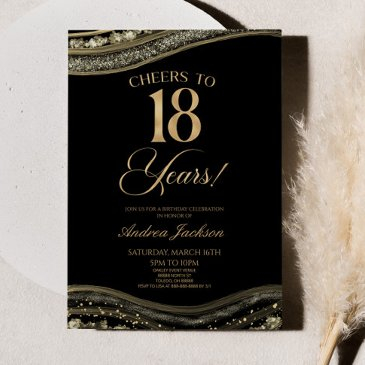 elegant black gold agate 18th birthday party invitation