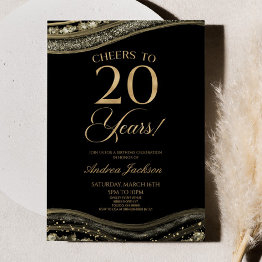 Small Elegant Black Gold Agate 20th Birthday Party Invitation Front View