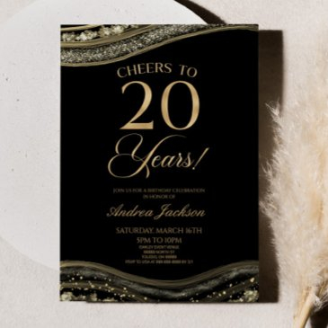 elegant black gold agate 20th birthday party invitation