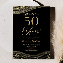 Small Elegant Black Gold Agate 50th Birthday Party Invitation Front View