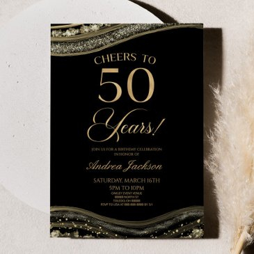 elegant black gold agate 50th birthday party invitation