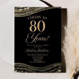 Small Elegant Black Gold Agate 80th Birthday Party Invitation Front View