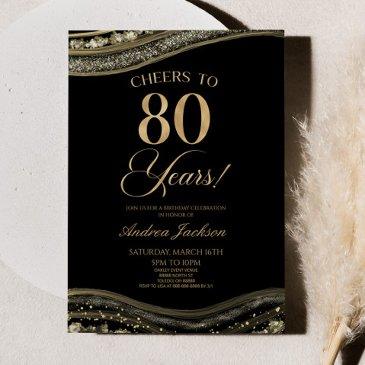 elegant black gold agate 80th birthday party invitation